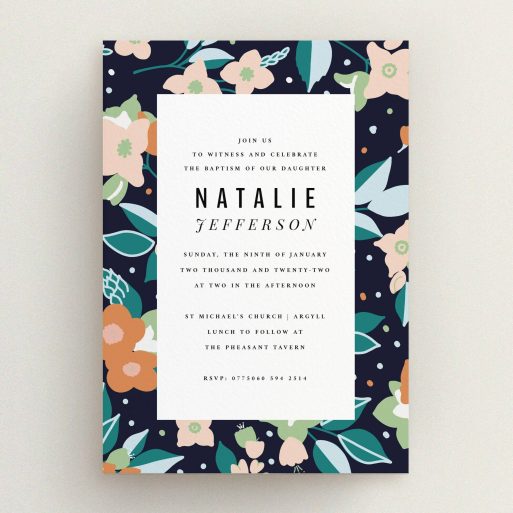 Christening Invitation Design - "Midnight Garden" A christening invitation design titled "Midnight Garden". It is an A5 invite in a portrait orientation. "Midnight Garden" is available as a flat invite, with tones of navy blue, pink and orange.