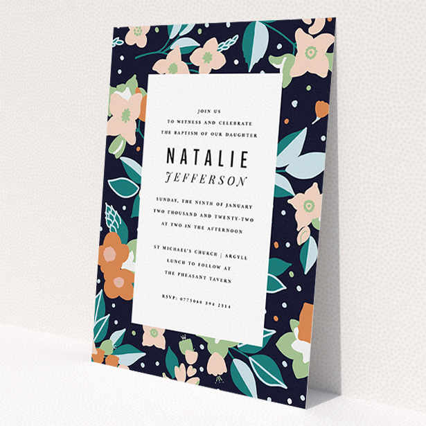 A christening invitation design titled 'Midnight Garden'. It is an A5 invite in a portrait orientation. 'Midnight Garden' is available as a flat invite, with tones of navy blue, pink and orange.