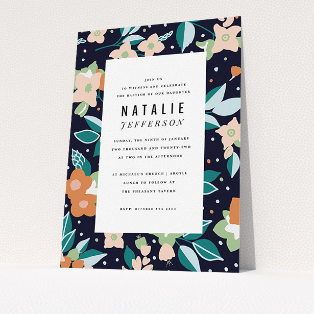 A christening invitation design titled "Midnight Garden". It is an A5 invite in a portrait orientation. "Midnight Garden" is available as a flat invite, with tones of navy blue, pink and orange.