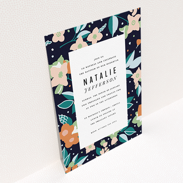 A christening invitation design titled "Midnight Garden". It is an A5 invite in a portrait orientation. "Midnight Garden" is available as a flat invite, with tones of navy blue, pink and orange.