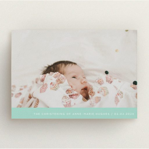 Christening Invitation Design - "Mint Bottom Simple" A christening invitation design called "Mint Bottom Simple". It is an A5 invite in a landscape orientation. It is a photographic christening invitation with room for 1 photo. "Mint Bottom Simple" is available as a flat invite, with tones of green and white.