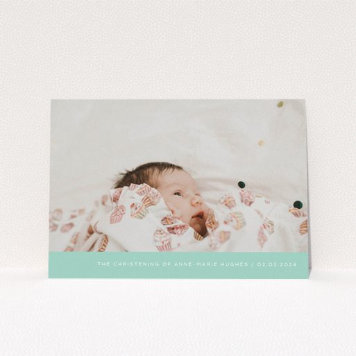 A christening invitation design called "Mint Bottom Simple". It is an A5 invite in a landscape orientation. It is a photographic christening invitation with room for 1 photo. "Mint Bottom Simple" is available as a flat invite, with tones of green and white.