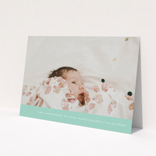 A christening invitation design called 'Mint Bottom Simple'. It is an A5 invite in a landscape orientation. It is a photographic christening invitation with room for 1 photo. 'Mint Bottom Simple' is available as a flat invite, with tones of green and white.