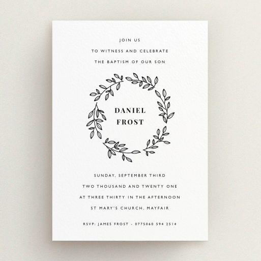 Christening Invitation Design - "Monochrome Wreath" A christening invitation called "Monochrome Wreath". It is an A5 invite in a portrait orientation. "Monochrome Wreath" is available as a flat invite, with tones of black and white.