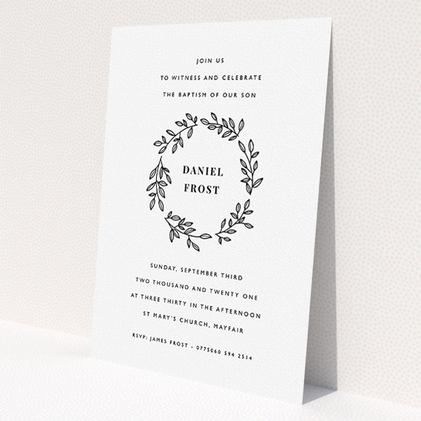 A christening invitation called 'Monochrome Wreath'. It is an A5 invite in a portrait orientation. 'Monochrome Wreath' is available as a flat invite, with tones of black and white.