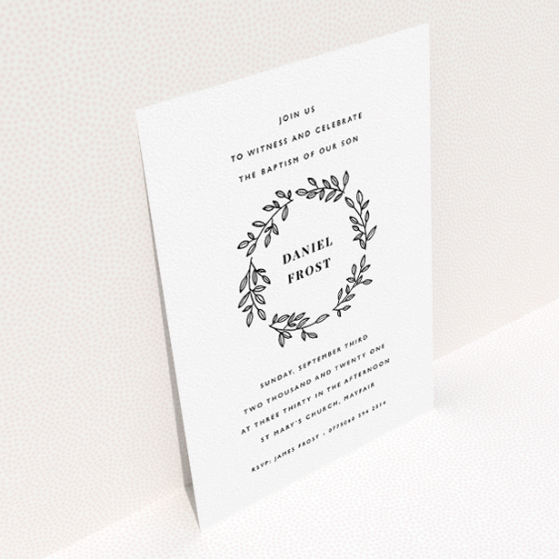 A christening invitation called "Monochrome Wreath". It is an A5 invite in a portrait orientation. "Monochrome Wreath" is available as a flat invite, with tones of black and white.