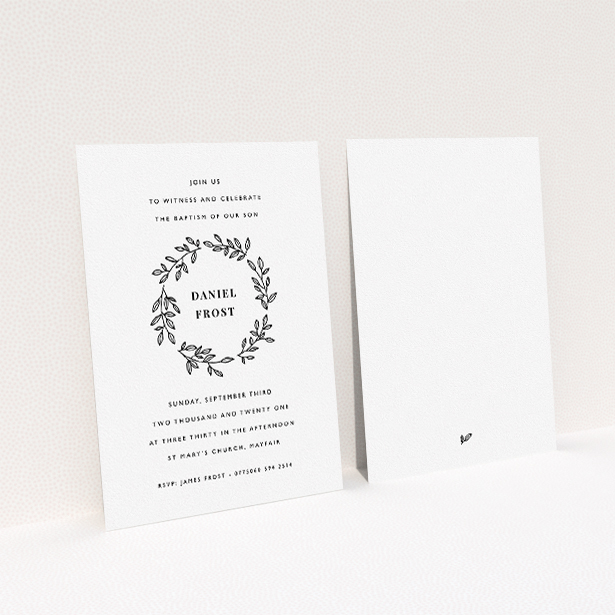 A christening invitation called "Monochrome Wreath". It is an A5 invite in a portrait orientation. "Monochrome Wreath" is available as a flat invite, with tones of black and white.