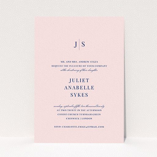 A christening invitation design called "Monogrammed Pink Tradition". It is an A6 invite in a portrait orientation. "Monogrammed Pink Tradition" is available as a flat invite, with tones of blue and pink.