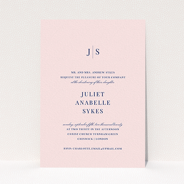 A christening invitation design called "Monogrammed Pink Tradition". It is an A6 invite in a portrait orientation. "Monogrammed Pink Tradition" is available as a flat invite, with tones of blue and pink.