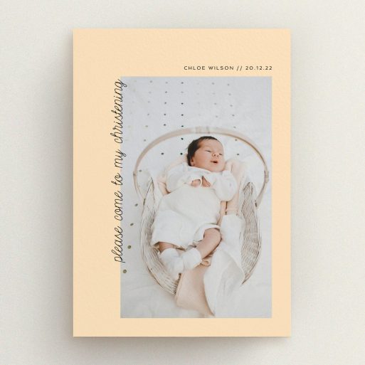 Christening Invitation Design - "Old Orange" A christening invitation called "Old Orange". It is an A5 invite in a portrait orientation. It is a photographic christening invitation with room for 1 photo. "Old Orange" is available as a flat invite, with mainly pale orange colouring.