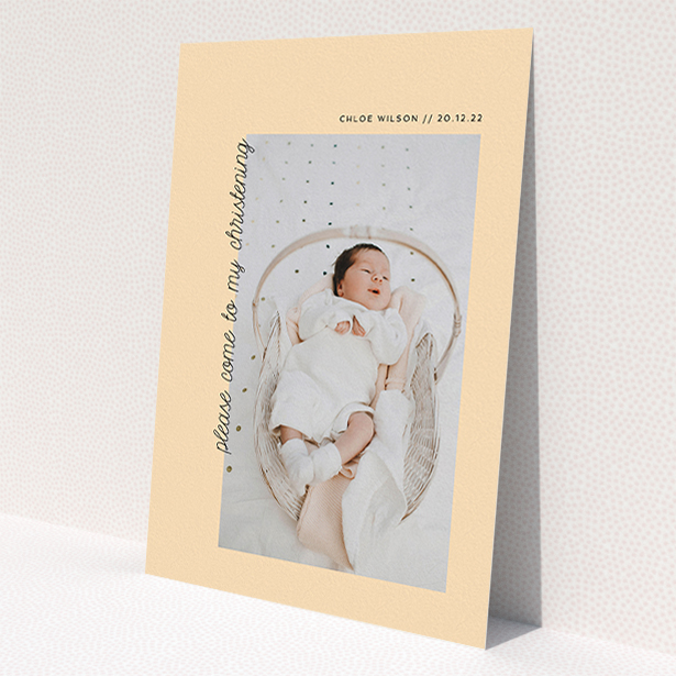A christening invitation called 'Old Orange'. It is an A5 invite in a portrait orientation. It is a photographic christening invitation with room for 1 photo. 'Old Orange' is available as a flat invite, with mainly pale orange colouring.