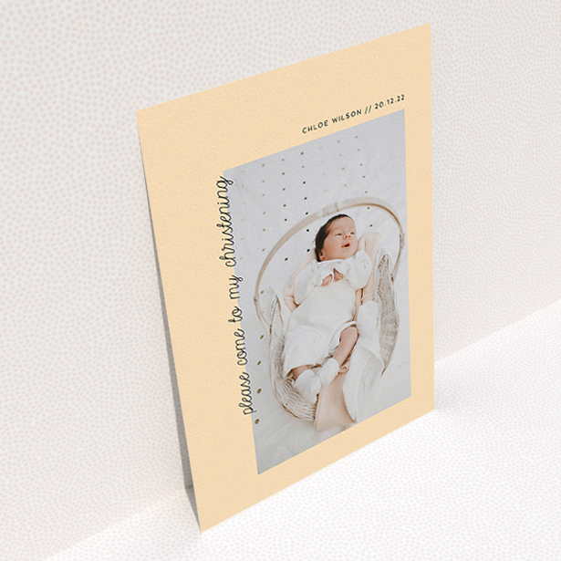 A christening invitation called "Old Orange". It is an A5 invite in a portrait orientation. It is a photographic christening invitation with room for 1 photo. "Old Orange" is available as a flat invite, with mainly pale orange colouring.