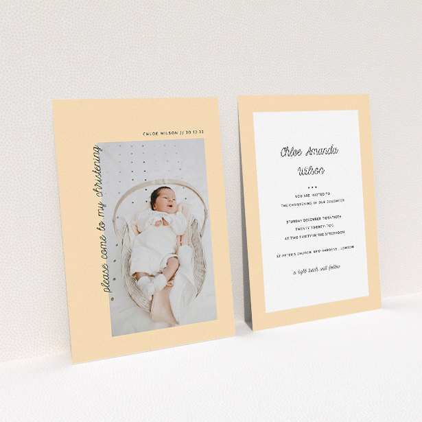 A christening invitation called "Old Orange". It is an A5 invite in a portrait orientation. It is a photographic christening invitation with room for 1 photo. "Old Orange" is available as a flat invite, with mainly pale orange colouring.