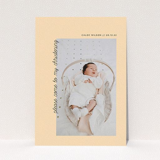 A christening invitation design called "Old Orange". It is an A6 invite in a portrait orientation. It is a photographic christening invitation with room for 1 photo. "Old Orange" is available as a flat invite, with mainly pale orange colouring.