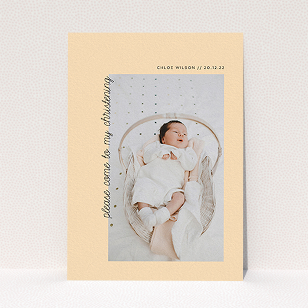 A christening invitation design called "Old Orange". It is an A6 invite in a portrait orientation. It is a photographic christening invitation with room for 1 photo. "Old Orange" is available as a flat invite, with mainly pale orange colouring.