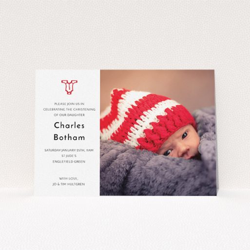 A christening invitation template titled "Onesie". It is an A5 invite in a landscape orientation. It is a photographic christening invitation with room for 1 photo. "Onesie" is available as a flat invite, with tones of white and red.