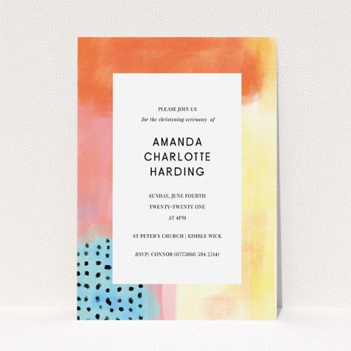 A christening invitation design called "Pastel Abstract". It is an A5 invite in a portrait orientation. "Pastel Abstract" is available as a flat invite, with tones of orange, red and yellow.