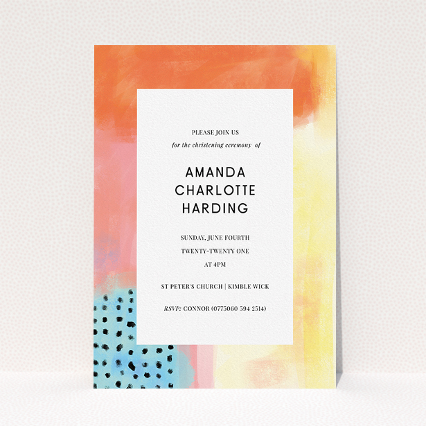 A christening invitation design called "Pastel Abstract". It is an A5 invite in a portrait orientation. "Pastel Abstract" is available as a flat invite, with tones of orange, red and yellow.