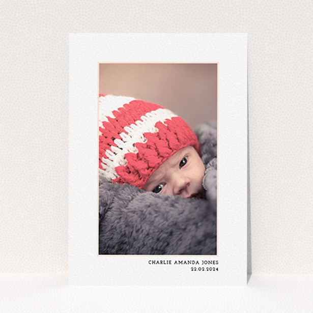 A christening invitation design called "Photo Centre". It is an A6 invite in a portrait orientation. It is a photographic christening invitation with room for 1 photo. "Photo Centre" is available as a flat invite, with mainly white colouring.