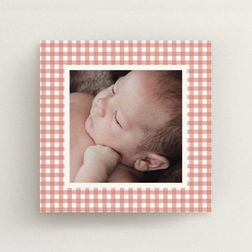 Christening Invitation Design - "Pink Plaid" A christening invitation named "Pink Plaid". It is a square (148mm x 148mm) invite in a square orientation. It is a photographic christening invitation with room for 1 photo. "Pink Plaid" is available as a flat invite, with tones of pink and white.