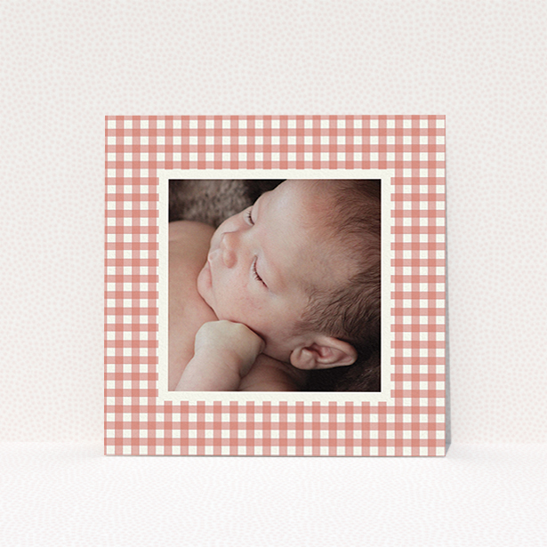 A christening invitation named "Pink Plaid". It is a square (148mm x 148mm) invite in a square orientation. It is a photographic christening invitation with room for 1 photo. "Pink Plaid" is available as a flat invite, with tones of pink and white.