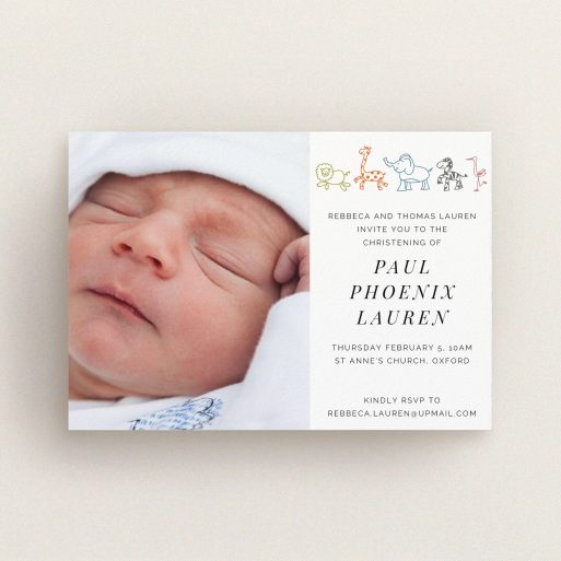 Christening Invitation Design - "Playground Safari" A christening invitation template titled "Playground Safari". It is an A6 invite in a landscape orientation. It is a photographic christening invitation with room for 1 photo. "Playground Safari" is available as a flat invite, with tones of white and orange.