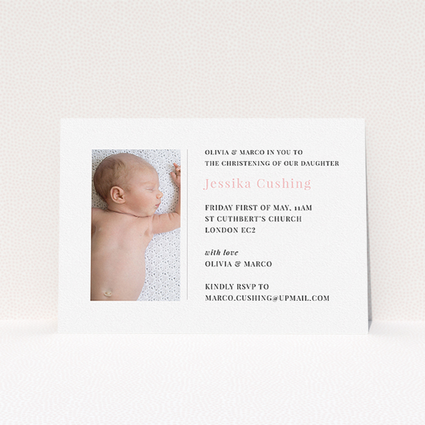 A christening invitation template titled "Please Welcome". It is an A5 invite in a landscape orientation. It is a photographic christening invitation with room for 1 photo. "Please Welcome" is available as a flat invite, with tones of white and pink.