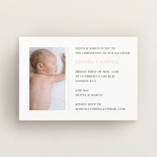 Christening Invitation Design - "Please Welcome" A christening invitation design titled "Please Welcome". It is an A6 invite in a landscape orientation. It is a photographic christening invitation with room for 1 photo. "Please Welcome" is available as a flat invite, with tones of white and pink.