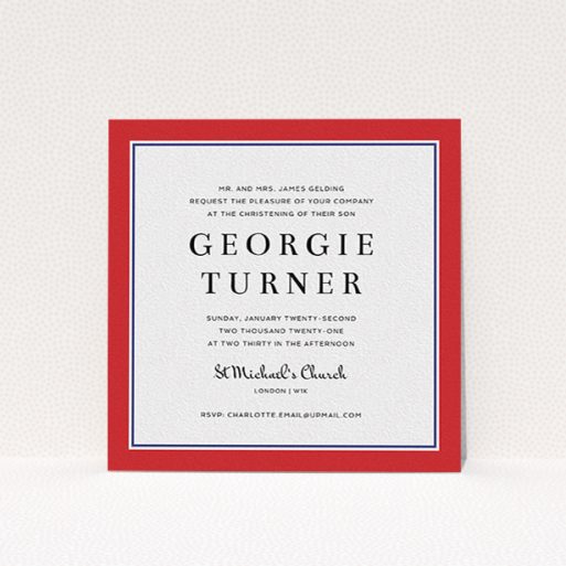 A christening invitation called "Prep Pep". It is a square (148mm x 148mm) invite in a square orientation. "Prep Pep" is available as a flat invite, with tones of red and blue.