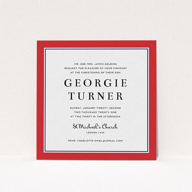 A christening invitation called "Prep Pep". It is a square (148mm x 148mm) invite in a square orientation. "Prep Pep" is available as a flat invite, with tones of red and blue.