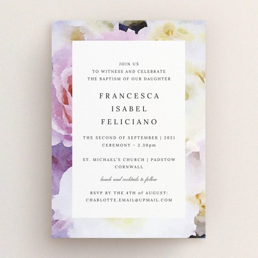 Christening Invitation Design - "Purple Rose" A christening invitation template titled "Purple Rose". It is an A5 invite in a portrait orientation. "Purple Rose" is available as a flat invite, with tones of light purple and pink.