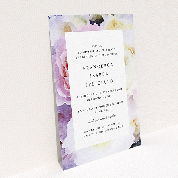 A christening invitation template titled "Purple Rose". It is an A5 invite in a portrait orientation. "Purple Rose" is available as a flat invite, with tones of light purple and pink.