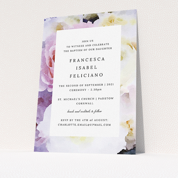 A christening invitation template titled "Purple Rose". It is an A5 invite in a portrait orientation. "Purple Rose" is available as a flat invite, with tones of light purple and pink.