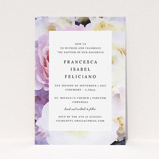 A christening invitation template titled "Purple Rose". It is an A6 invite in a portrait orientation. "Purple Rose" is available as a flat invite, with tones of light purple and pink.