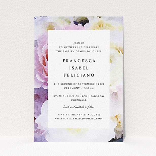 A christening invitation template titled "Purple Rose". It is an A6 invite in a portrait orientation. "Purple Rose" is available as a flat invite, with tones of light purple and pink.