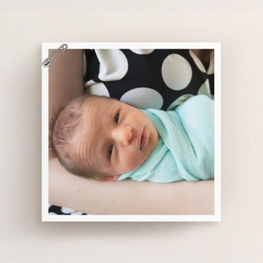 Christening Invitation Design - "Put a pin in it" A christening invitation design called "Put a pin in it". It is a square (148mm x 148mm) invite in a square orientation. It is a photographic christening invitation with room for 1 photo. "Put a pin in it" is available as a flat invite, with mainly white colouring.
