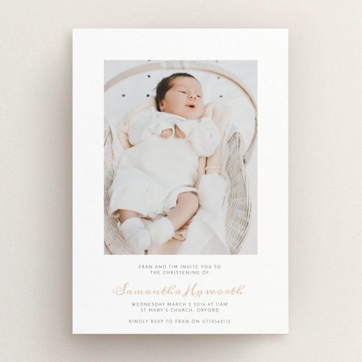 Christening Invitation Design - "Right in the middle" A christening invitation called "Right in the middle". It is an A5 invite in a portrait orientation. It is a photographic christening invitation with room for 1 photo. "Right in the middle" is available as a flat invite, with tones of white and pink.