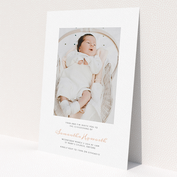 A christening invitation called "Right in the middle". It is an A5 invite in a portrait orientation. It is a photographic christening invitation with room for 1 photo. "Right in the middle" is available as a flat invite, with tones of white and pink.