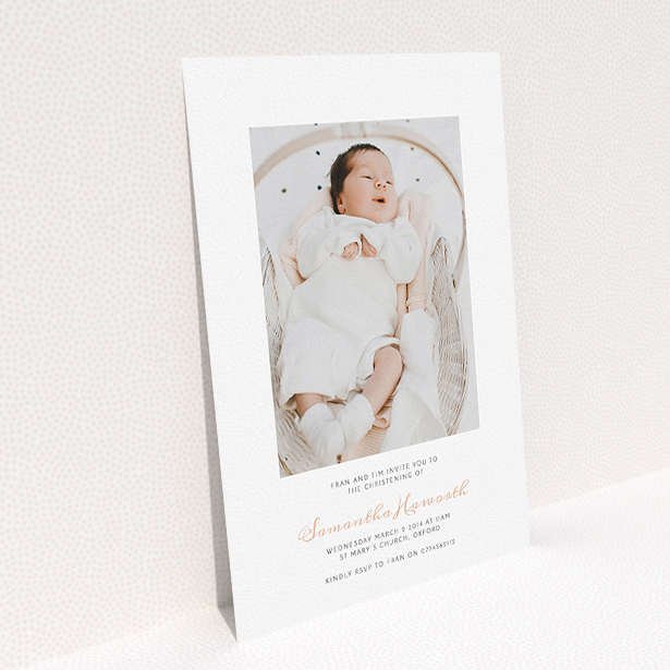 A christening invitation called "Right in the middle". It is an A5 invite in a portrait orientation. It is a photographic christening invitation with room for 1 photo. "Right in the middle" is available as a flat invite, with tones of white and pink.