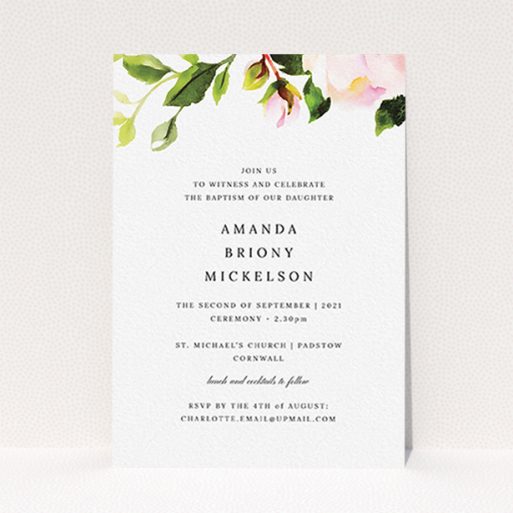 A christening invitation named "Rose Ceiling". It is an A6 invite in a portrait orientation. "Rose Ceiling" is available as a flat invite, with tones of pink and green.