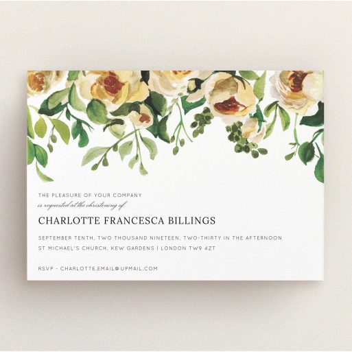 Christening Invitation Design - "Rose Impression" A christening invitation called "Rose Impression". It is an A5 invite in a landscape orientation. "Rose Impression" is available as a flat invite, with mainly pink colouring.