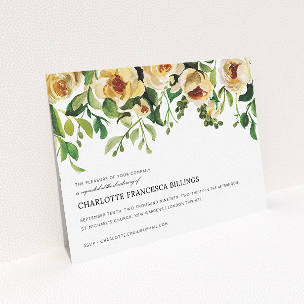 A christening invitation called "Rose Impression". It is an A5 invite in a landscape orientation. "Rose Impression" is available as a flat invite, with mainly pink colouring.