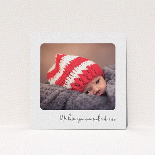 A christening invitation design titled "Rounded Landscape Photo". It is a square (148mm x 148mm) invite in a square orientation. It is a photographic christening invitation with room for 1 photo. "Rounded Landscape Photo" is available as a flat invite, with mainly white colouring.