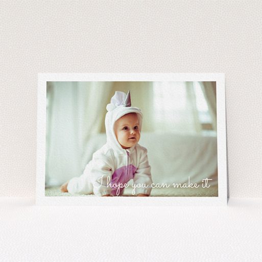 A christening invitation design called "See you at the font". It is an A6 invite in a landscape orientation. It is a photographic christening invitation with room for 1 photo. "See you at the font" is available as a flat invite, with mainly white colouring.