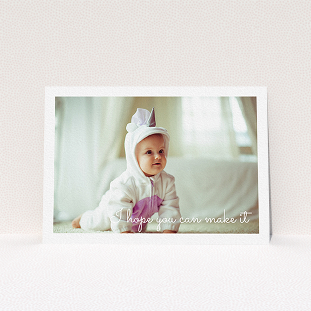 A christening invitation design called "See you at the font". It is an A6 invite in a landscape orientation. It is a photographic christening invitation with room for 1 photo. "See you at the font" is available as a flat invite, with mainly white colouring.