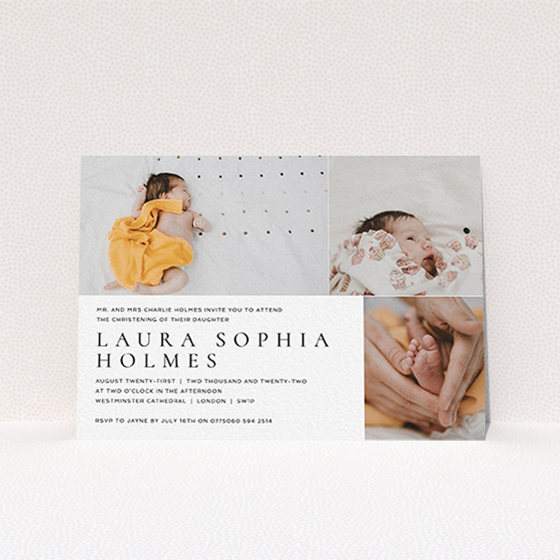 A christening invitation design titled "Serif". It is an A6 invite in a landscape orientation. It is a photographic christening invitation with room for 3 photos. "Serif" is available as a flat invite, with mainly white colouring.