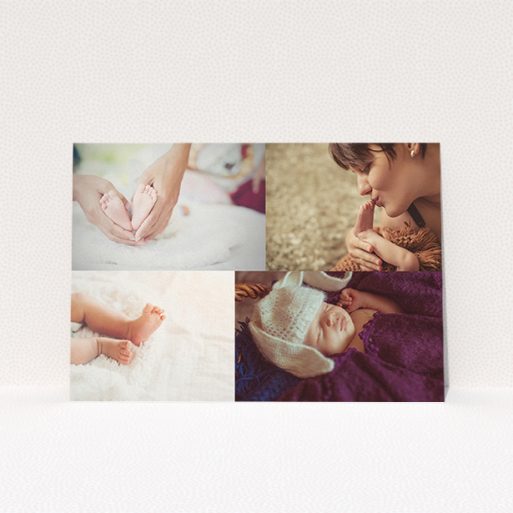 A christening invitation called "Side-by-side". It is an A5 invite in a landscape orientation. It is a photographic christening invitation with room for 3 photos. "Side-by-side" is available as a flat invite, with mainly white colouring.
