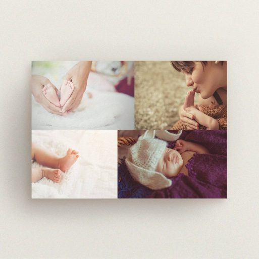 Christening Invitation Design - "Side-by-side" A christening invitation template titled "Side-by-side". It is an A6 invite in a landscape orientation. It is a photographic christening invitation with room for 3 photos. "Side-by-side" is available as a flat invite, with mainly white colouring.