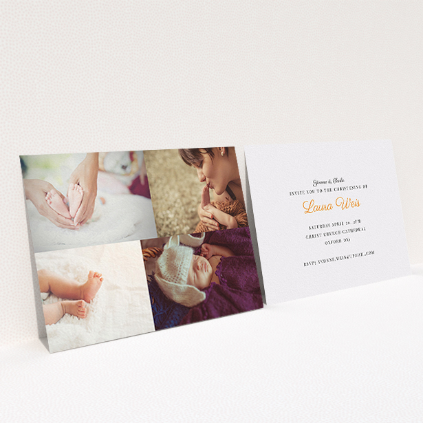 A christening invitation template titled "Side-by-side". It is an A6 invite in a landscape orientation. It is a photographic christening invitation with room for 3 photos. "Side-by-side" is available as a flat invite, with mainly white colouring.
