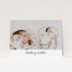 A christening invitation design called "Side By Side Photo". It is an A5 invite in a landscape orientation. It is a photographic christening invitation with room for 2 photos. "Side By Side Photo" is available as a flat invite, with mainly white colouring.